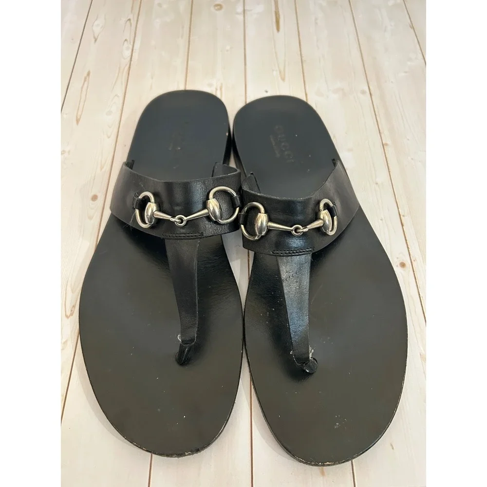 GUCCI Black Solid Leather Men Thong Horsebit Sandal UK 9/USA / EU 43 Rare
